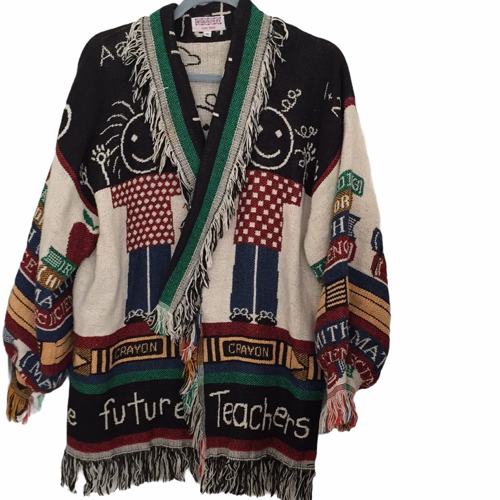 NWOT Lindy Dodds Artwear Fringe Knit Cardigan Jacket Teacher Theme